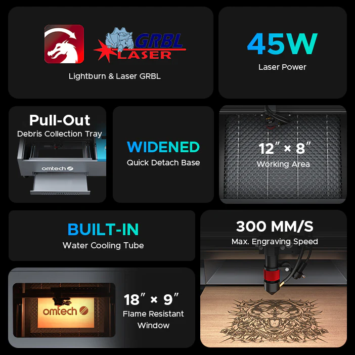 OMTech K40+ 45W Desktop CO2 Laser Engraver with 8" x 12" Working Area and Detachable Honeycomb Workbed - Image 7