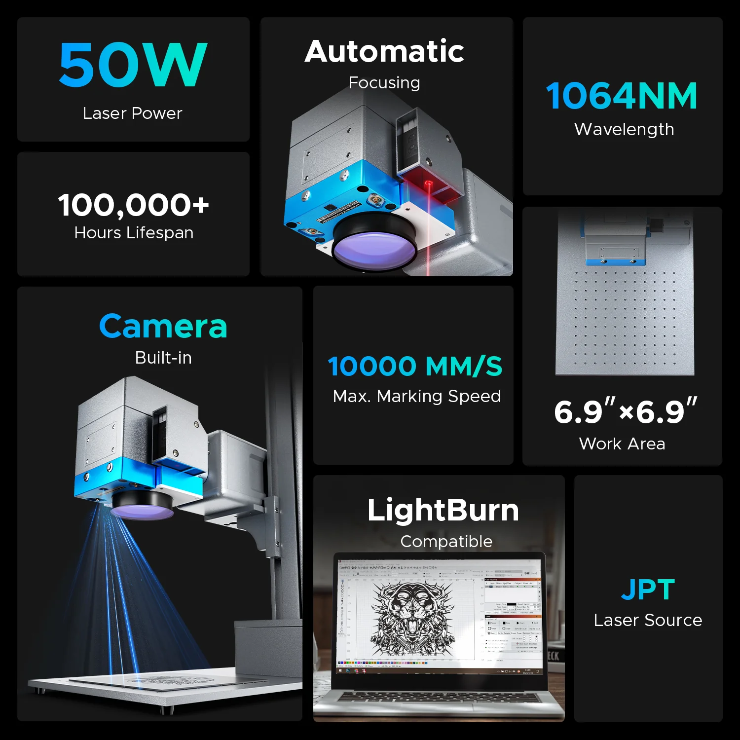 OMTech 50W Split Fiber Laser Engraving Machine with 6.9" X 6.9" Working Area, Autofocus and Built-in Camera - Image 3
