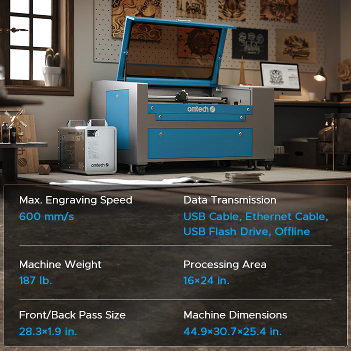 OMTech Maker MF1624-60 60W CO2 Laser Engraving and Cutting Machine with 16" x 24" Working Area - Image 17