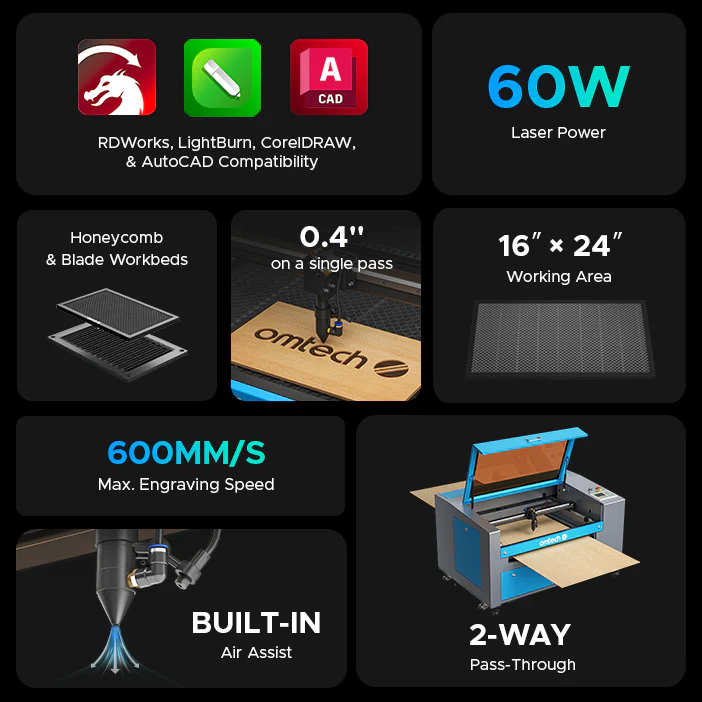 OMTech Maker MF1624-60 60W CO2 Laser Engraving and Cutting Machine with 16" x 24" Working Area - Image 8