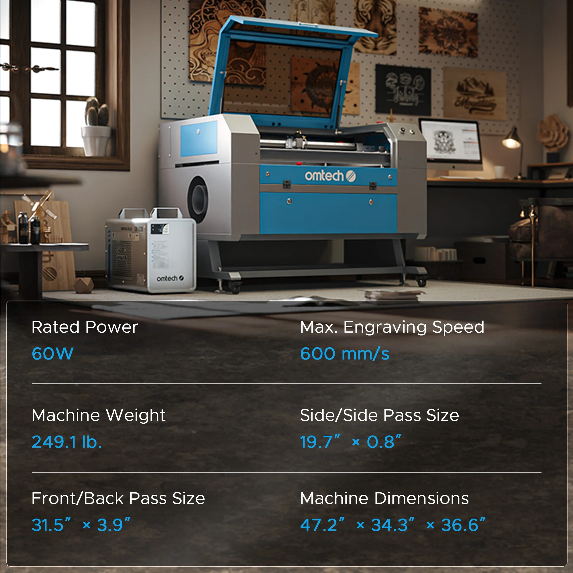 OMTech Maker AF2028-60 60W CO2 Laser Cutter and Engraver with 20" x 28" Working Area and Autofocus - Image 17