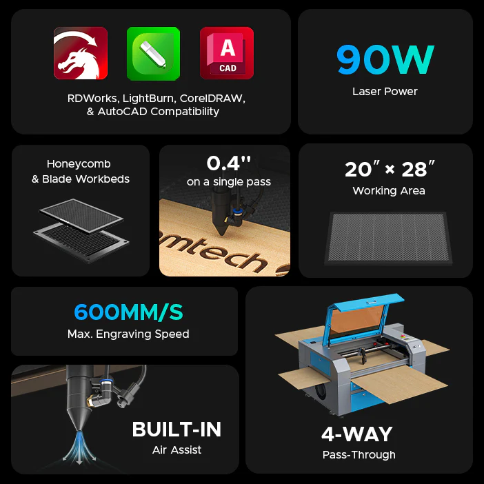 OMTech Maker MF2028-80 90W CO2 Laser Cutter and Engraver with 20" x 28" Working Area - Image 3