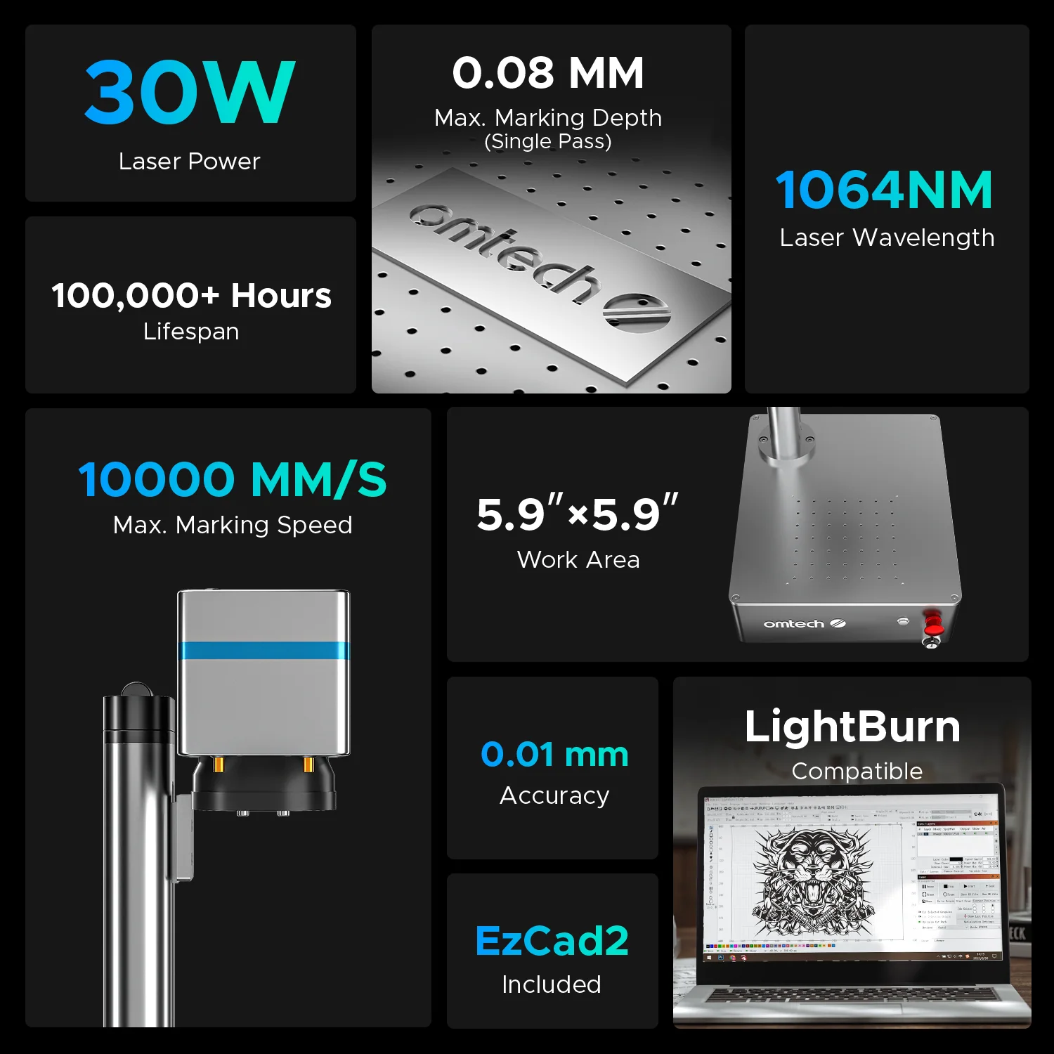 OMTech Galvo 30W Compact and Integrated Fiber Metal Engraving Machine with 5.9" x 5.9" Working Area - Image 3