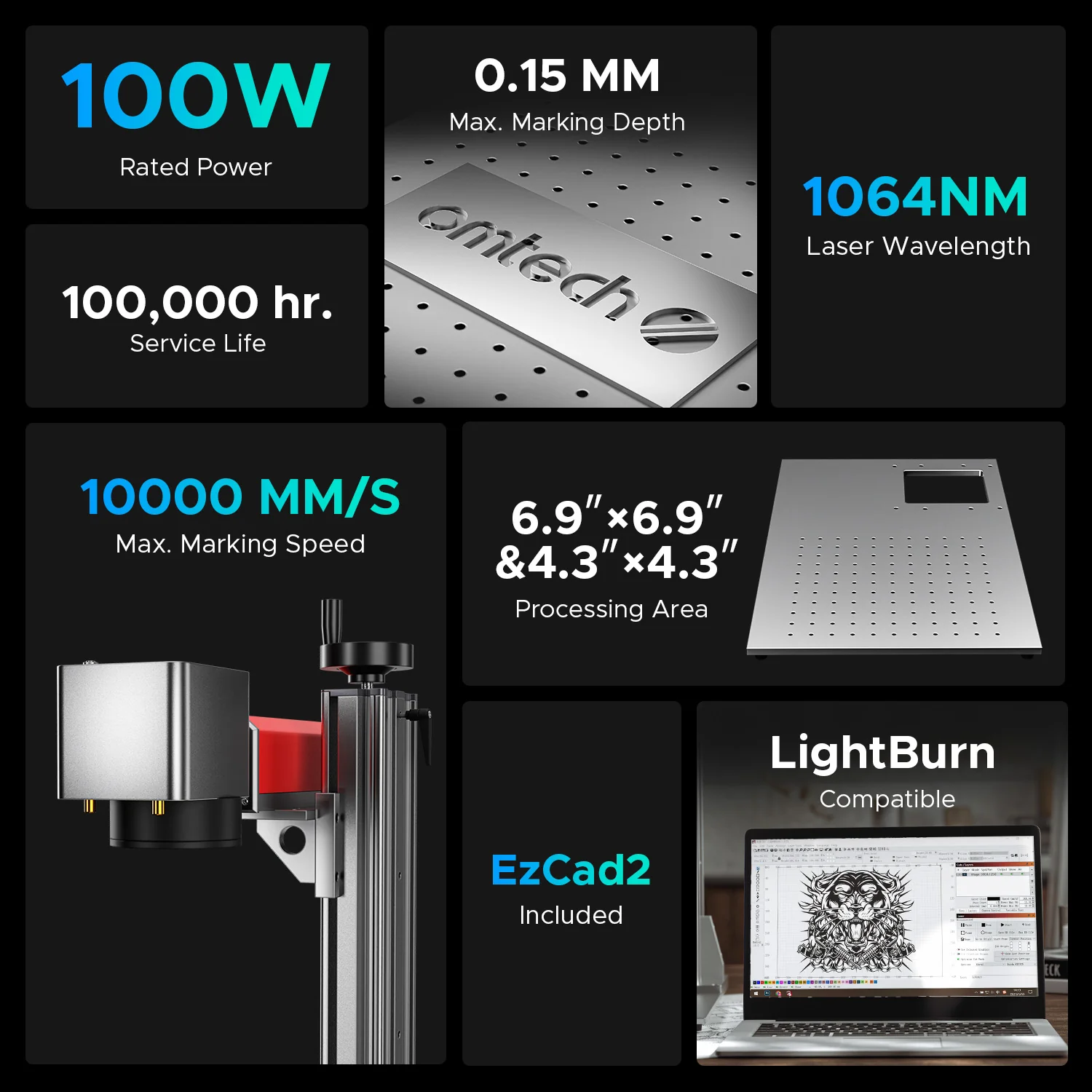 OMTech MOPA 100W Split Fiber Laser Engraving Machine with 6.9" x 6.9" Working Area - Image 5