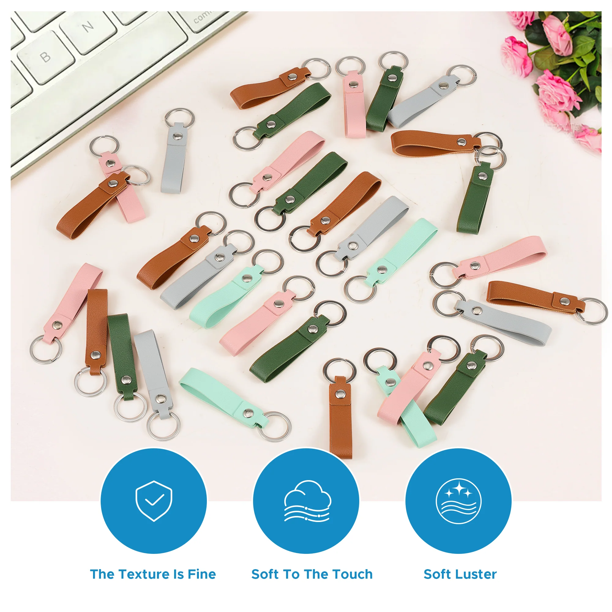 OMTech 50pc/100pc/200pc Leather Key Fob Kit, PU Leather Keychain Blanks with Rivets and Key Rings - Image 3