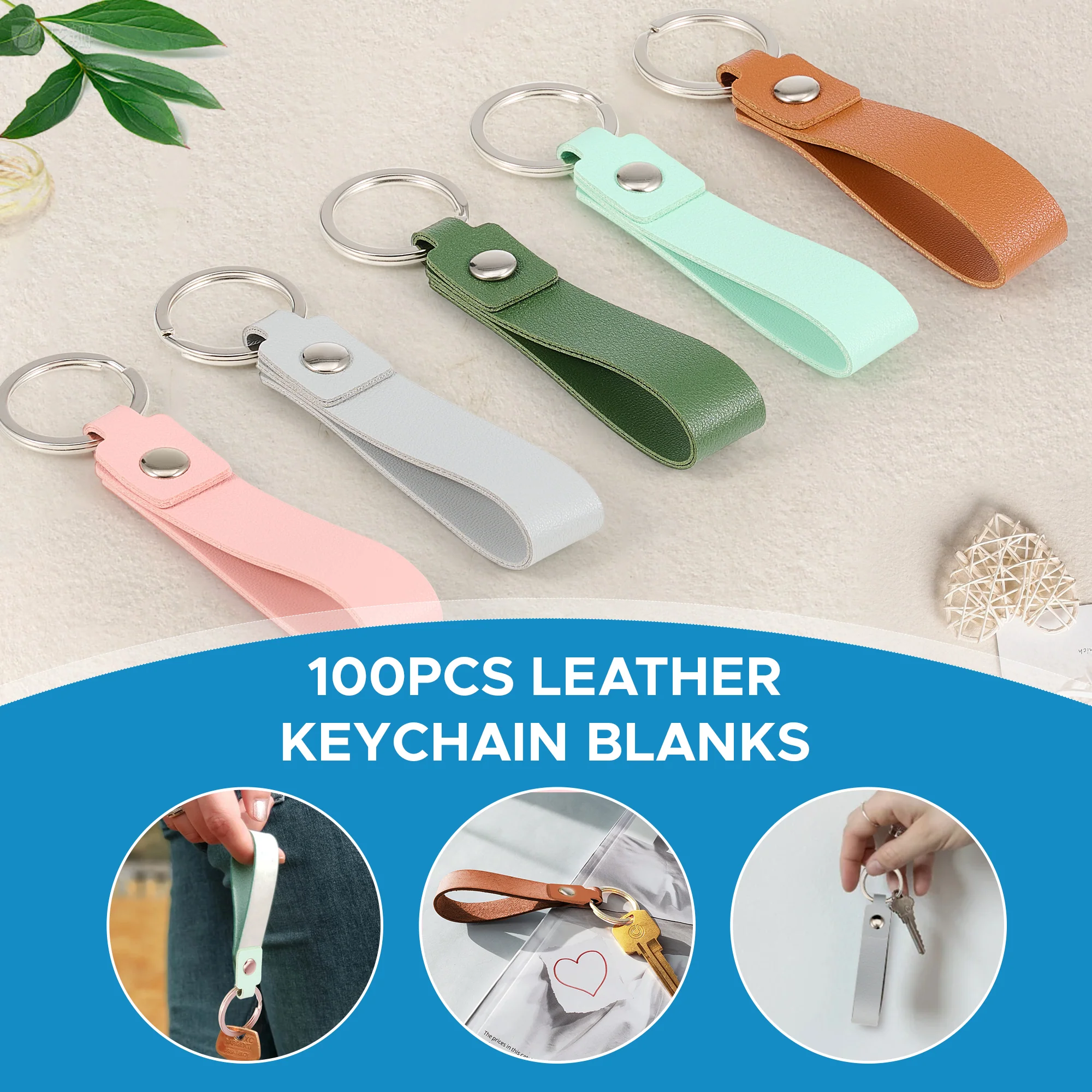OMTech 50pc/100pc/200pc Leather Key Fob Kit, PU Leather Keychain Blanks with Rivets and Key Rings - Image 4