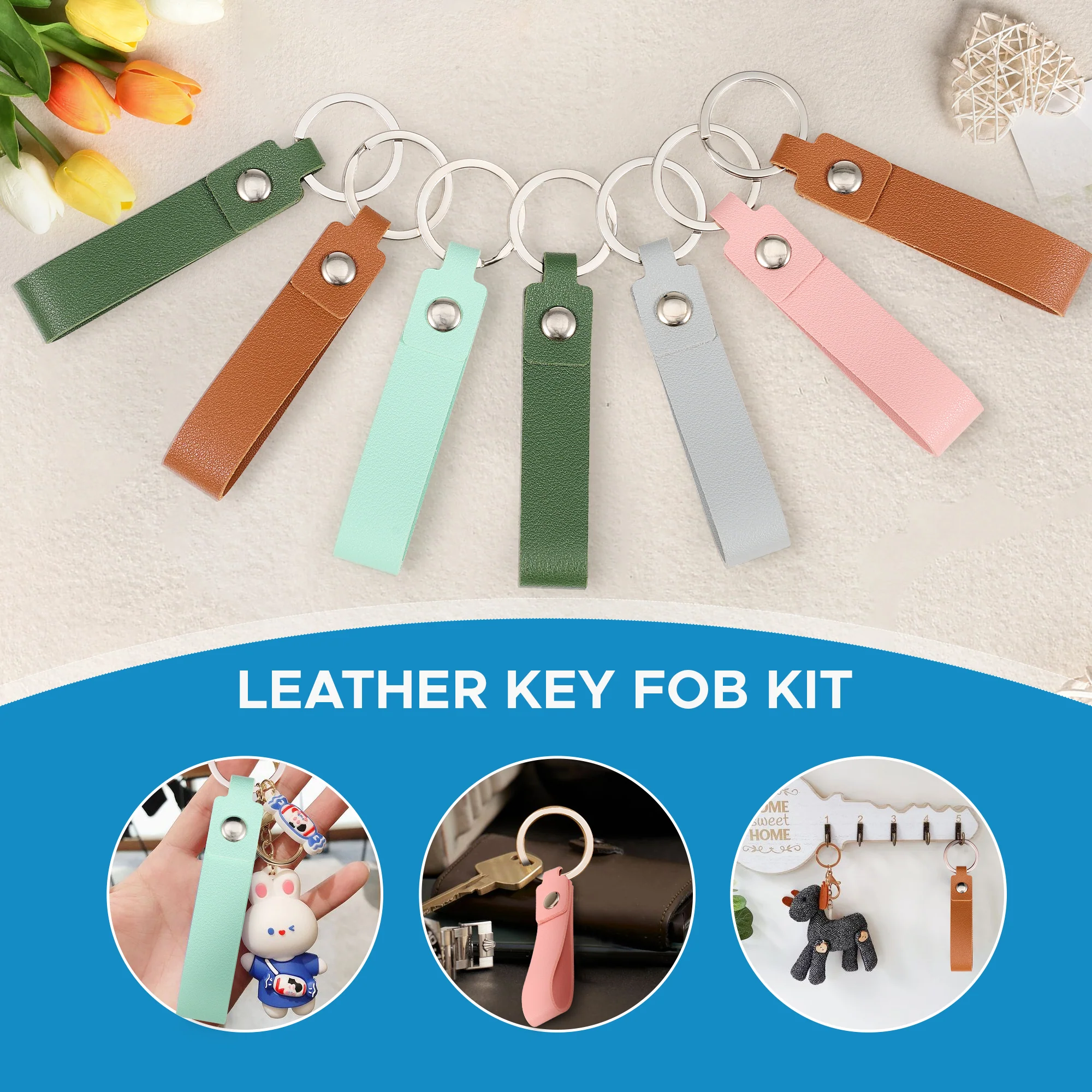 OMTech 50pc/100pc/200pc Leather Key Fob Kit, PU Leather Keychain Blanks with Rivets and Key Rings - Image 6