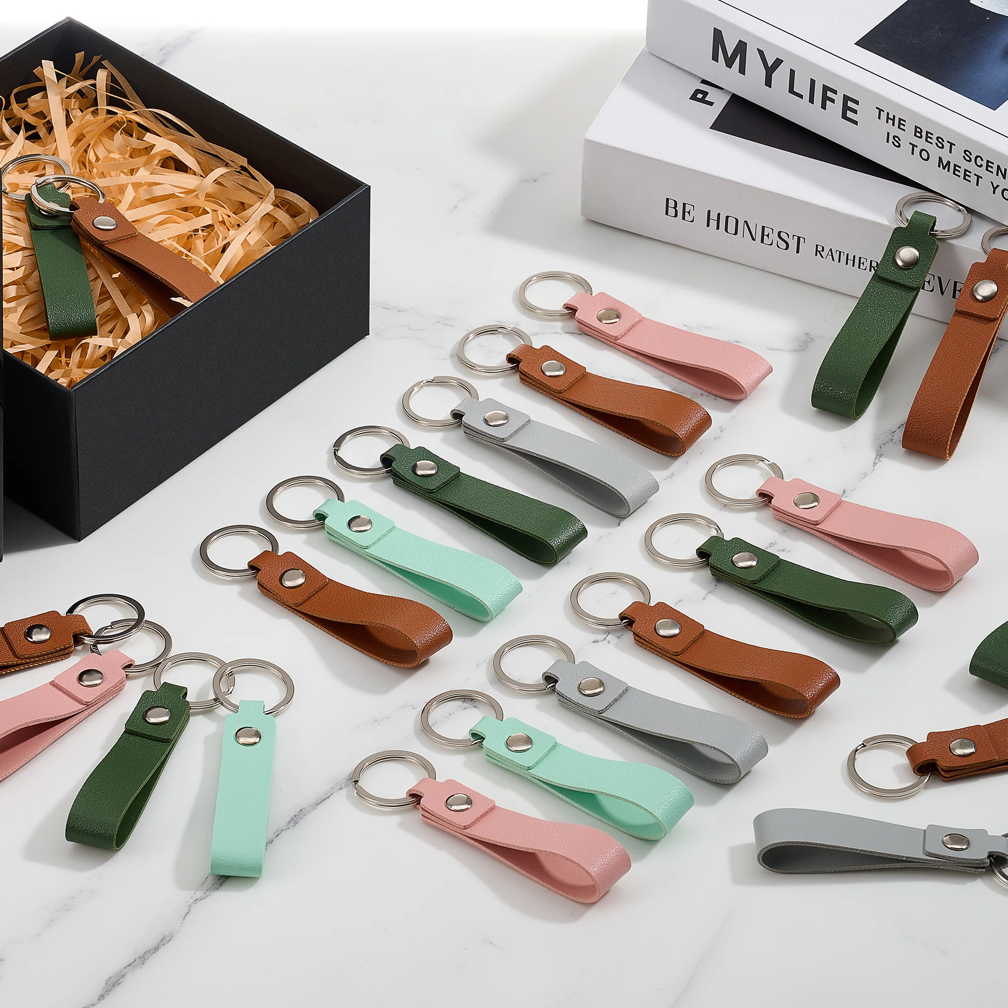 OMTech 50pc/100pc/200pc Leather Key Fob Kit, PU Leather Keychain Blanks with Rivets and Key Rings - Image 7