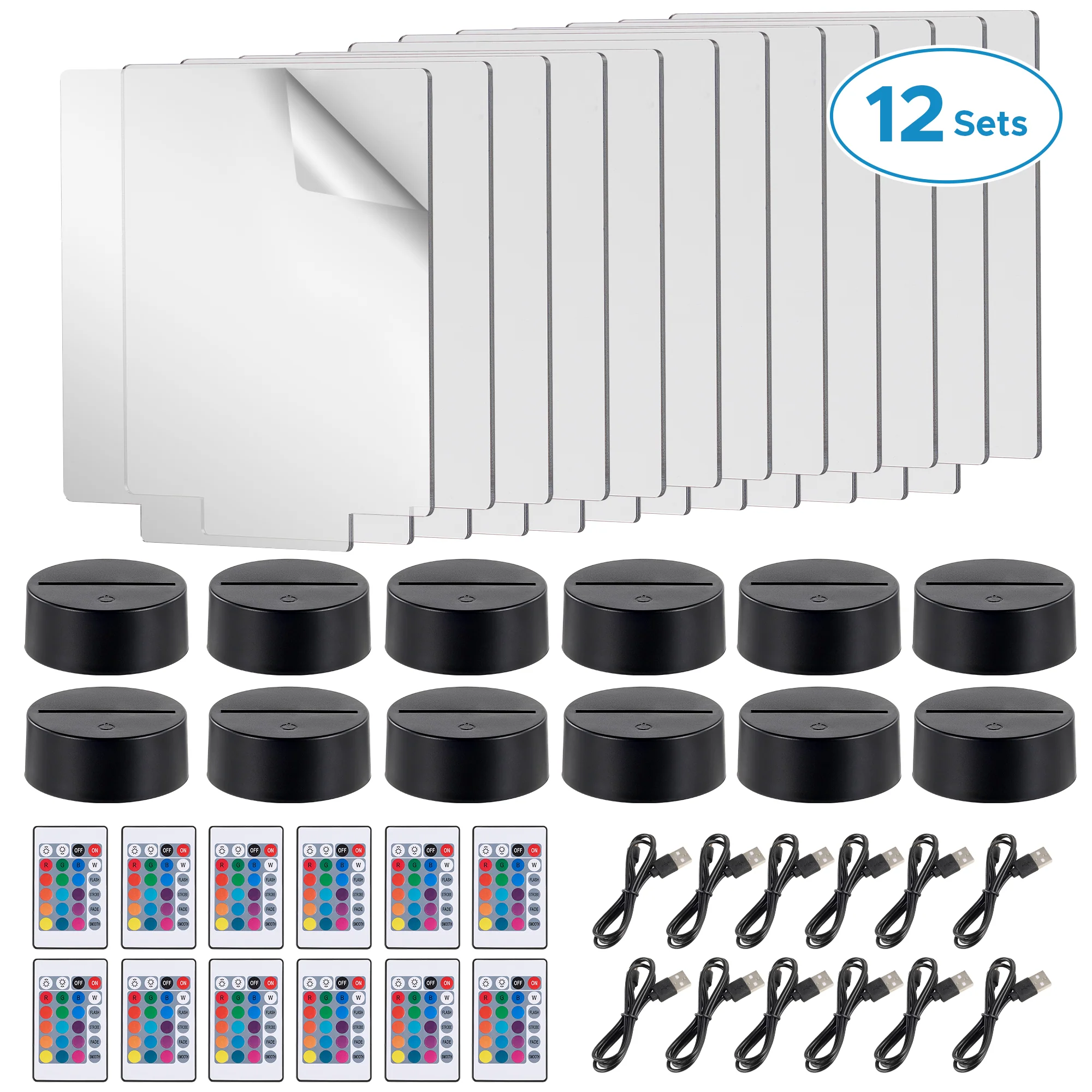 OMTech 12 Sets LED Light Base with Acrylic Blank Sheets, Acrylic LED Light Lamps with Remote Controls, USB Cables, 16 Colors, & 4 Modes - Image 8