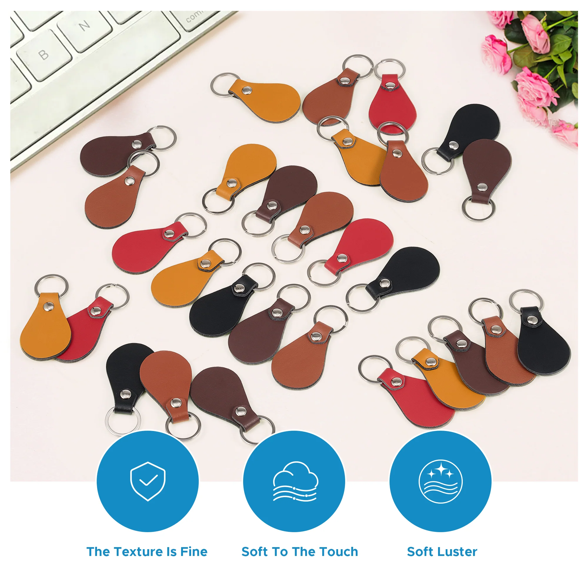 OMTech 50pc/ 100pc/ 200pc Leather Key Fob Kit, Drop Shaped Leather Key Chain Key Tag Bulk for Laser Engraving Keychain Making DIY Craft - Image 3