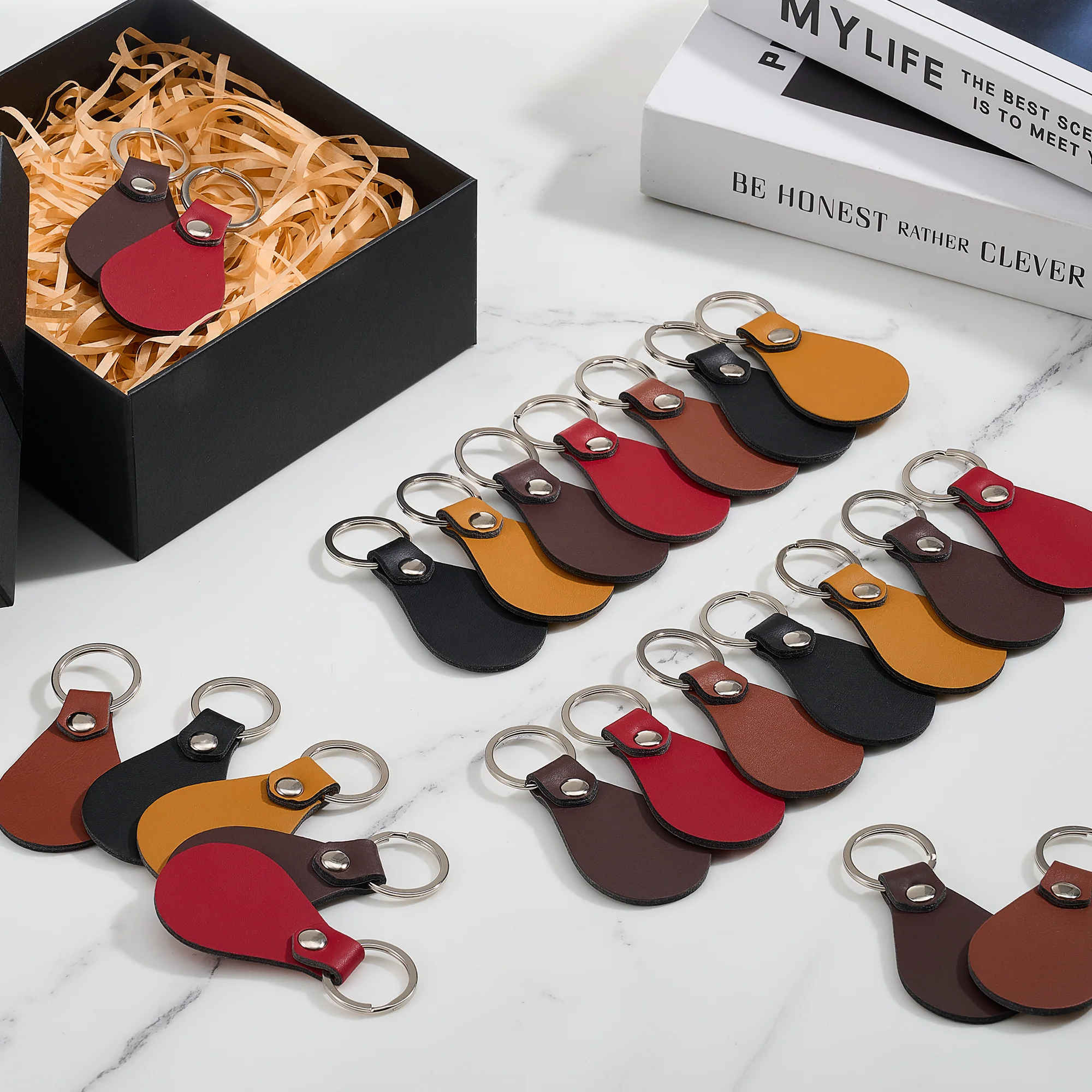 OMTech 50pc/ 100pc/ 200pc Leather Key Fob Kit, Drop Shaped Leather Key Chain Key Tag Bulk for Laser Engraving Keychain Making DIY Craft - Image 7