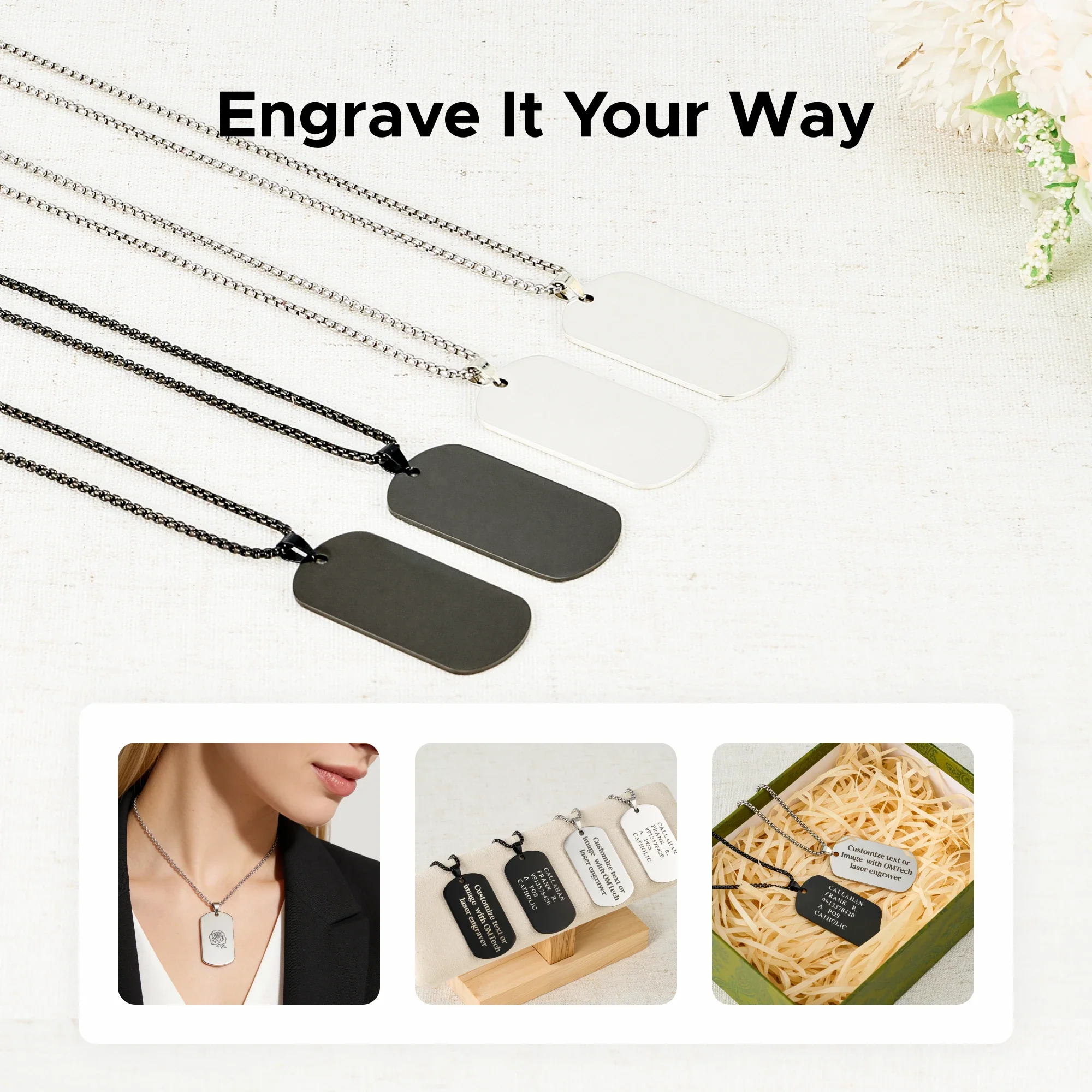 OMTech Dog Tag Necklace Set, Stainless Steel Necklaces with Chains for Laser Engraving - Image 3