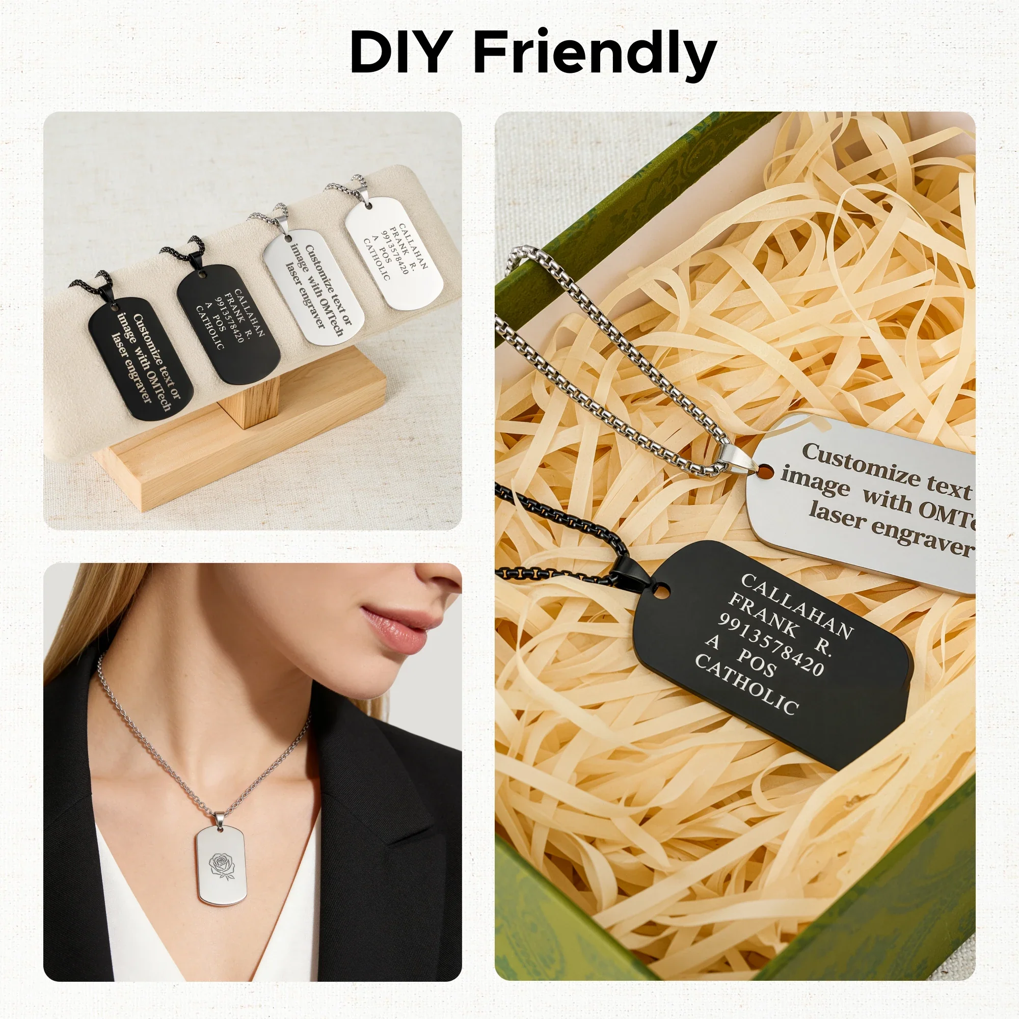OMTech Dog Tag Necklace Set, Stainless Steel Necklaces with Chains for Laser Engraving - Image 4