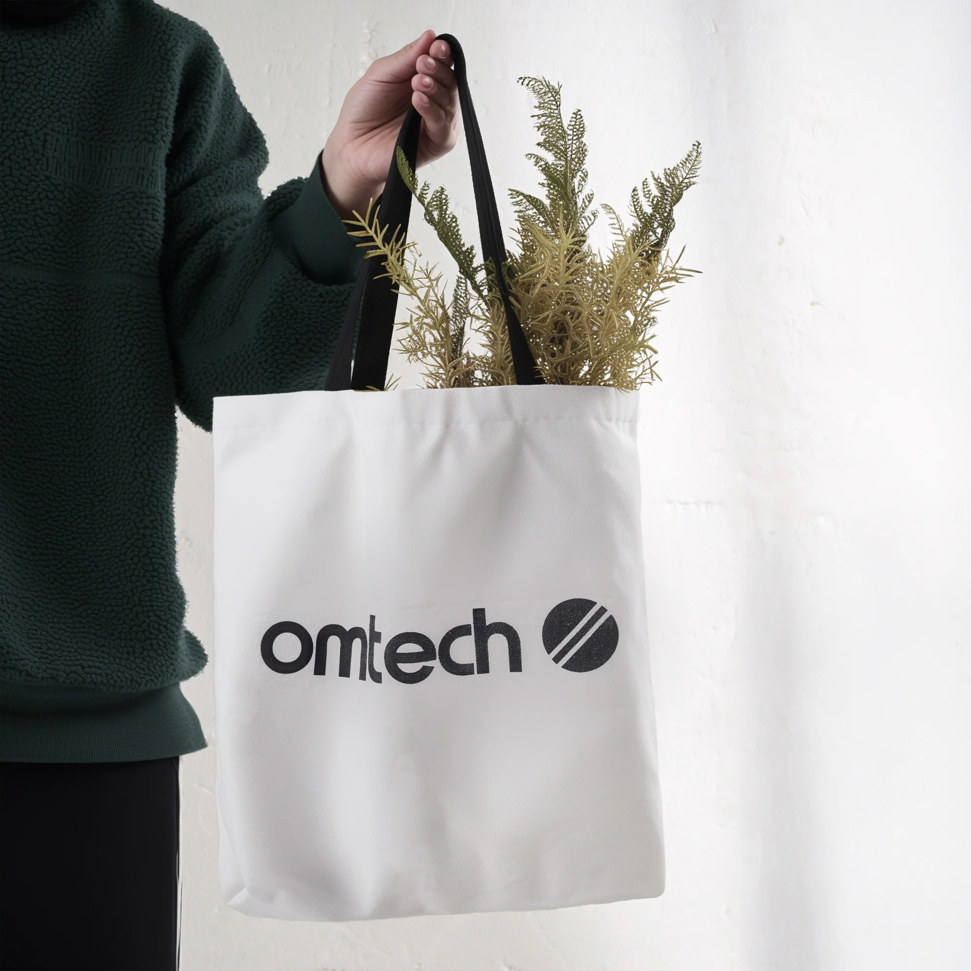 OMTech Logo Canvas Tote Bag (White with Black Strap) - Image 3