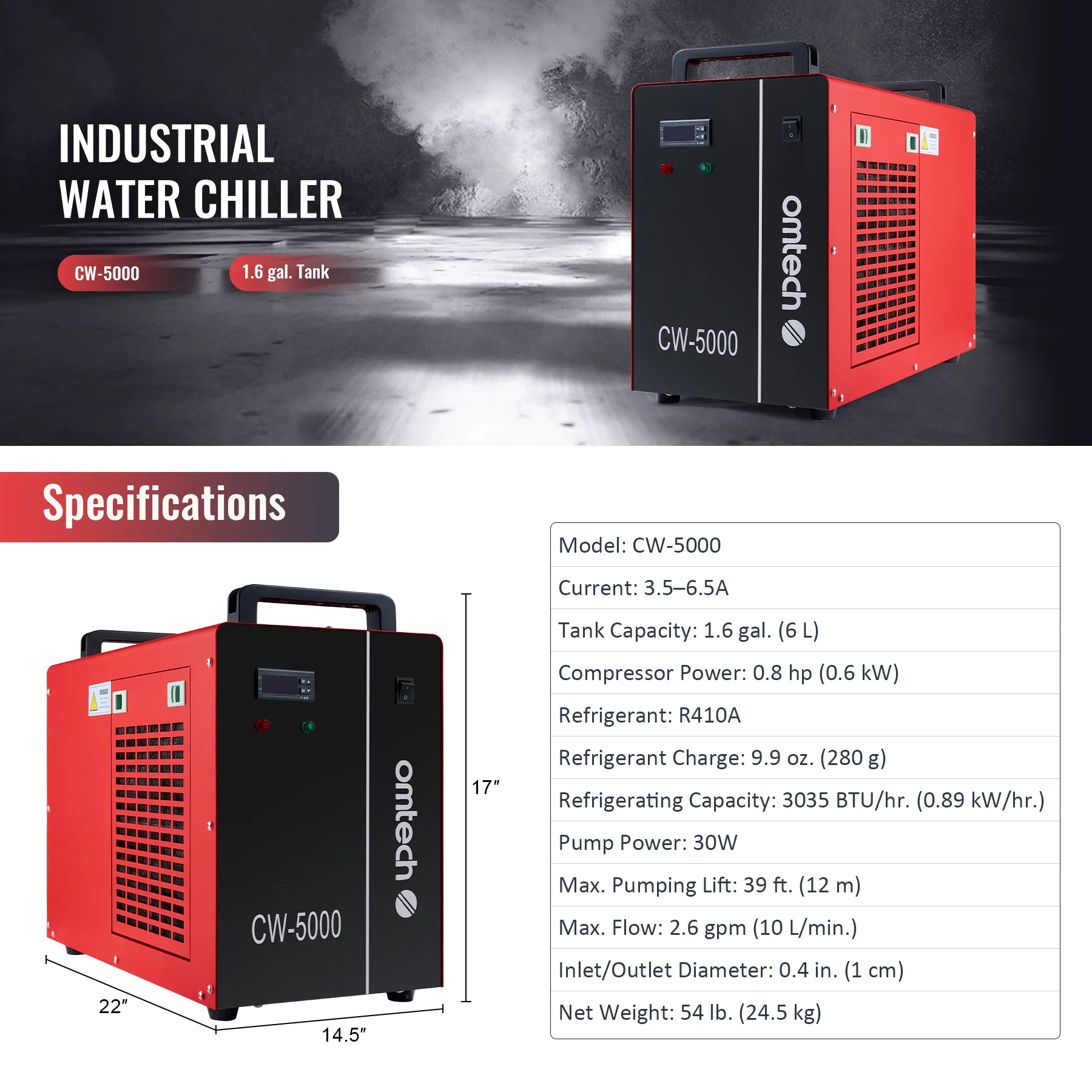 Pre-Owned OMTech CW-5000 Industrial Water Chiller for 50-100W CO2 Laser Engraving Machine - Image 6