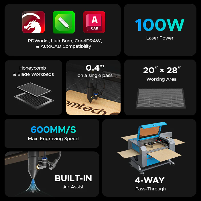 OMTech Maker MF2028-100 100W CO2 Laser Cutter and Engraver with 20" x 28" Working Area - Image 3