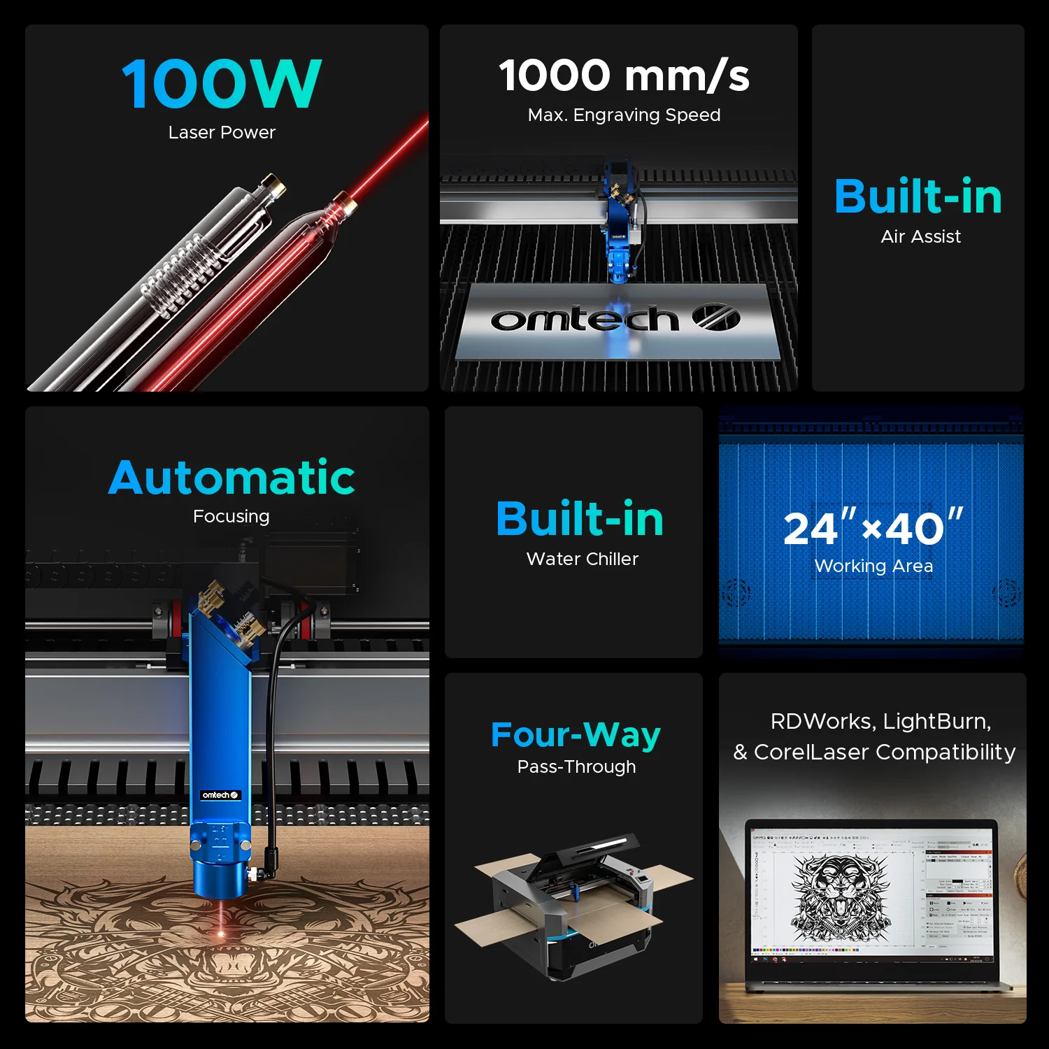 Pre-Owned OMTech Pro 2440, 80W CO2 Laser Engraver CUTTING MACHINE WITH AUTOFOCUS and Built-in Water Chiller - Image 6