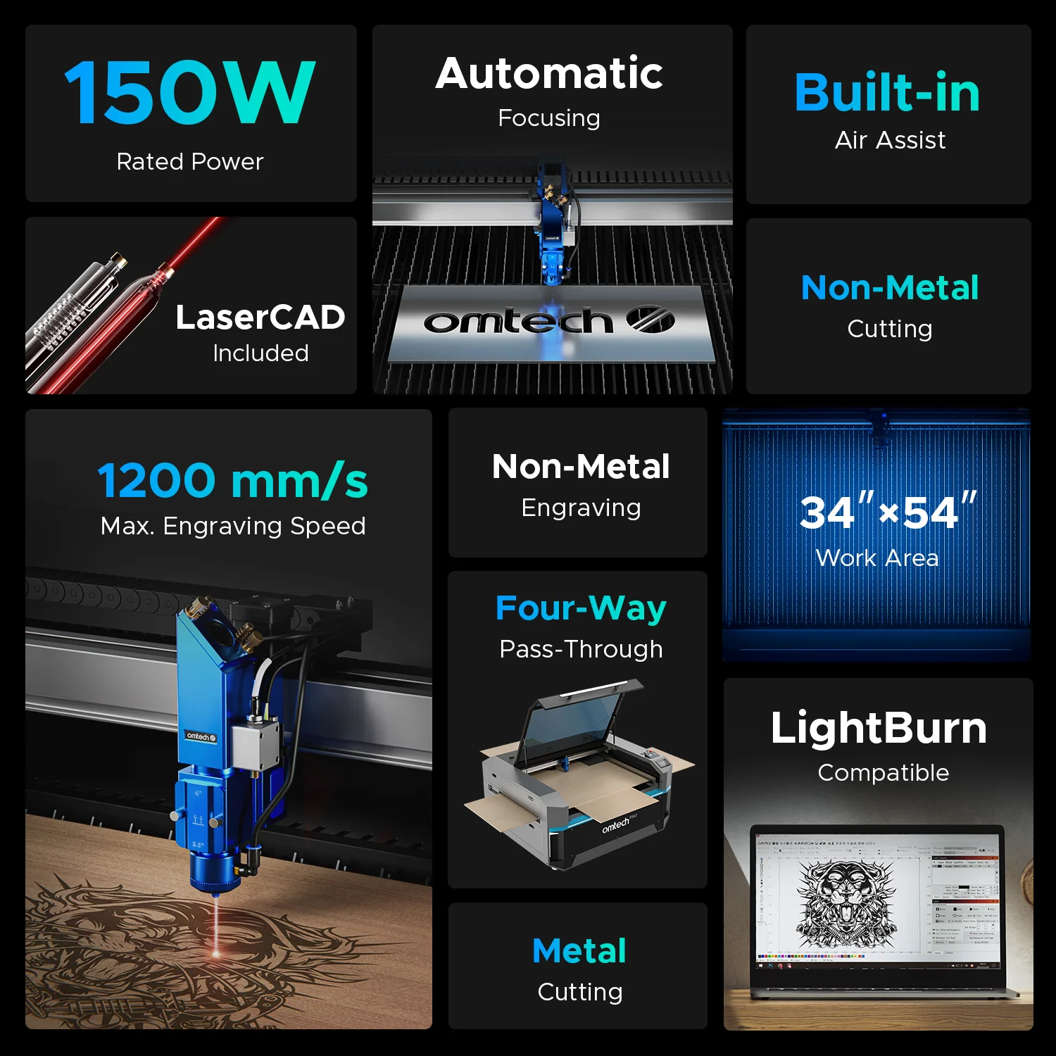 OMTech Pro 3655 Hybrid 150W Laser Cutting and Engraving Machine with 34'' x 54'' Working Area, Autofocus and Built-in Water Chiller - Image 5