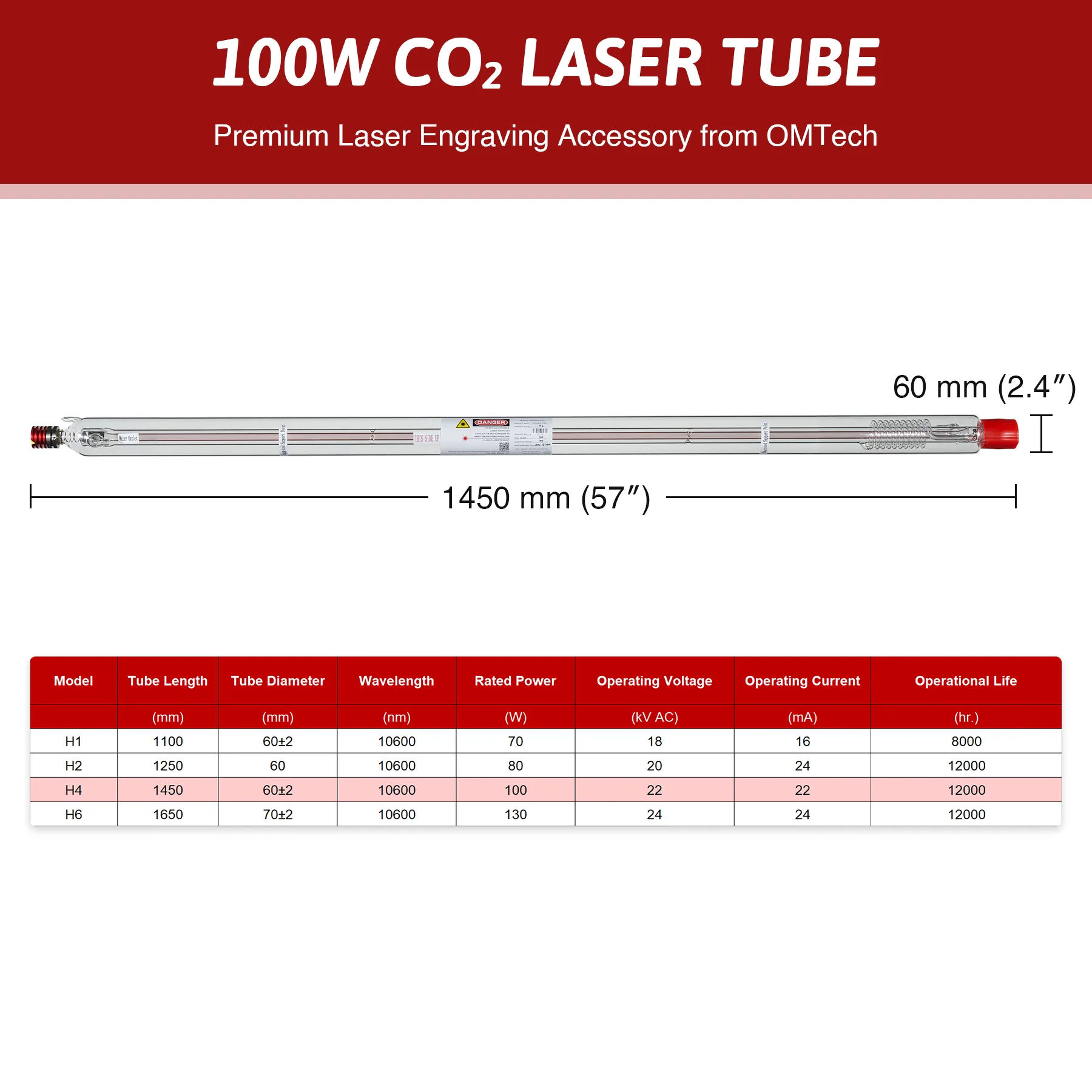 YL H Series H4 100W CO2 Laser Tube - Image 2