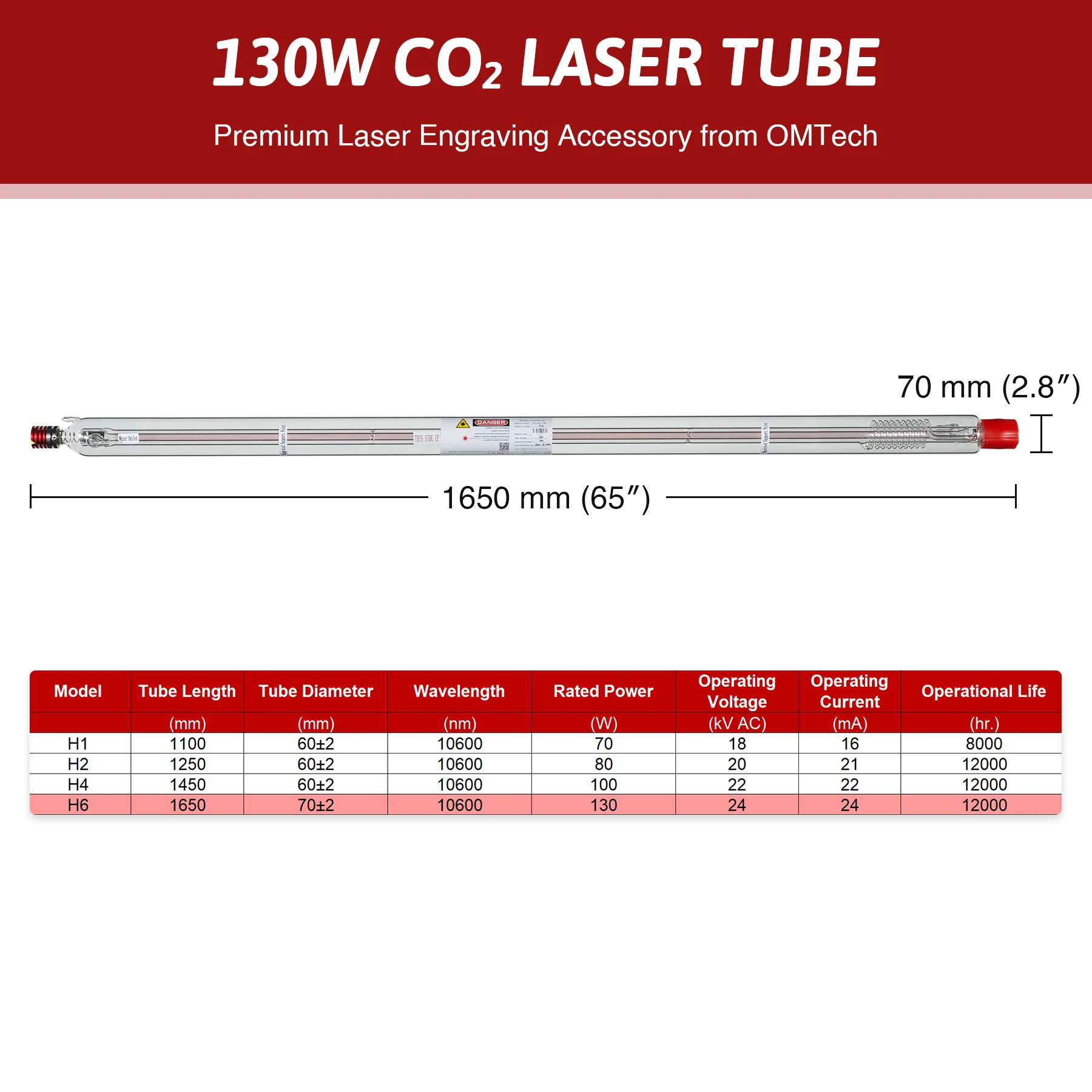 YL H Series H6 130W CO2 Laser Tube - Image 2