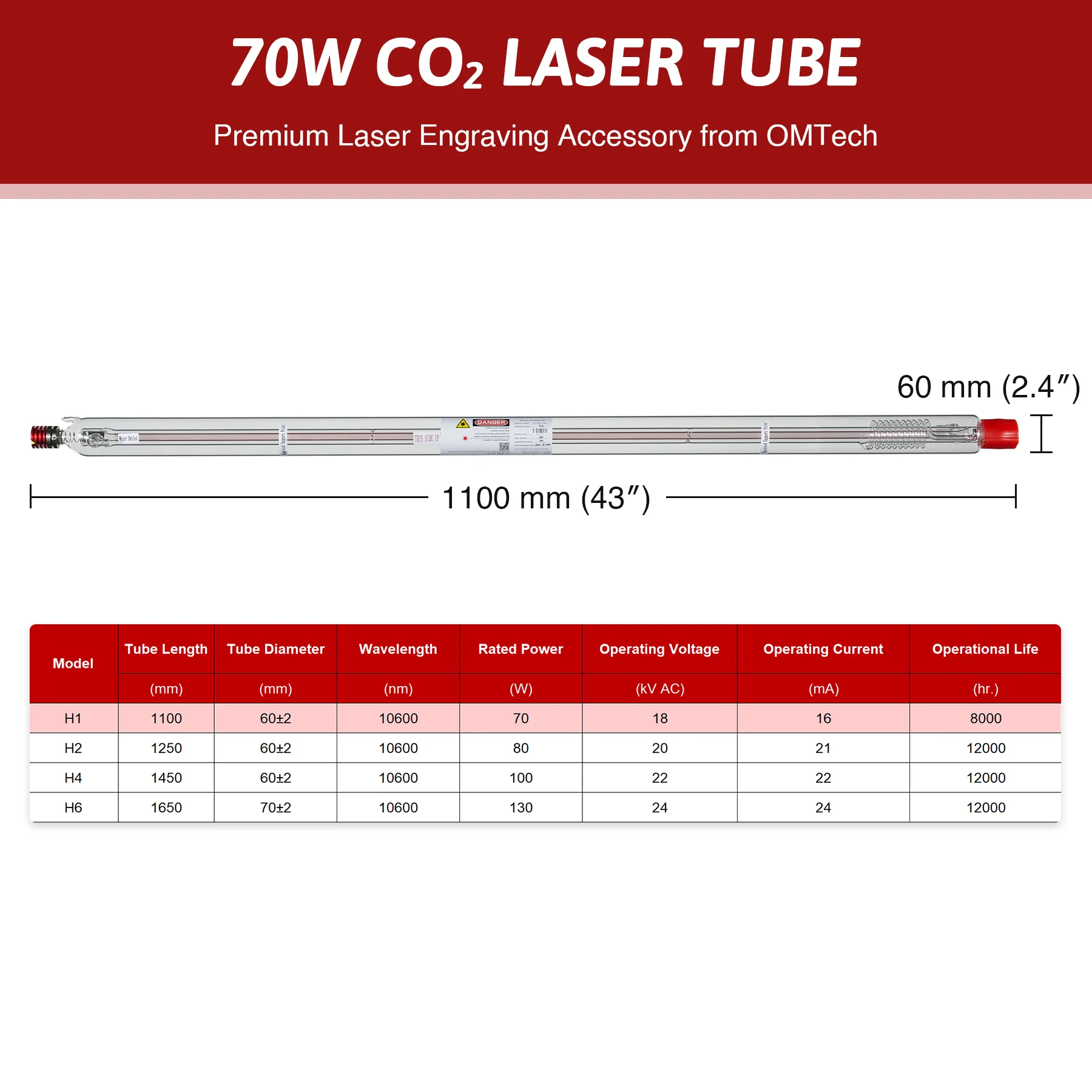 YL H Series H1 70W CO2 Laser Tube - Image 2